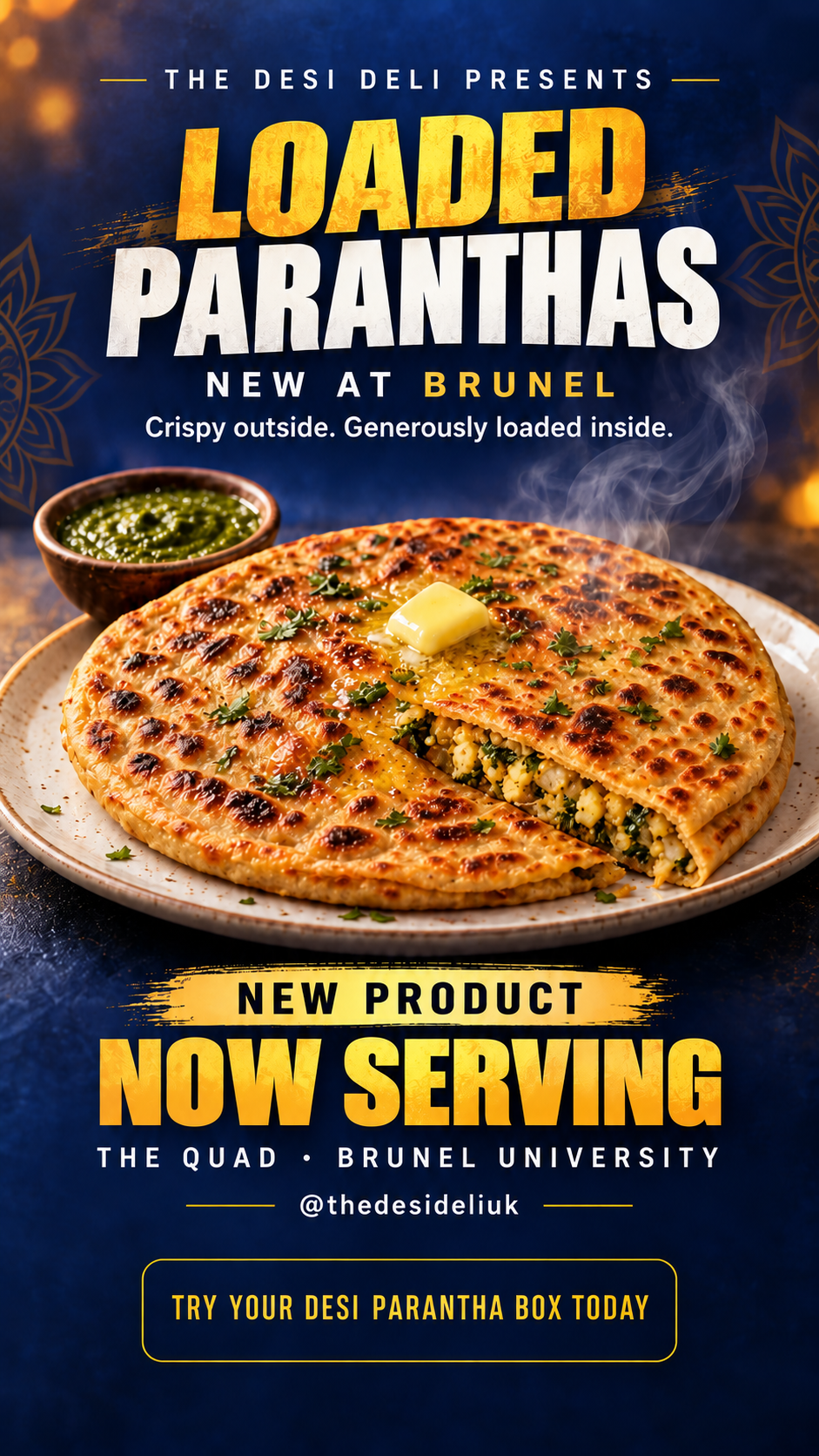 New loaded parantha box product with a golden stuffed parantha, butter and green chutney